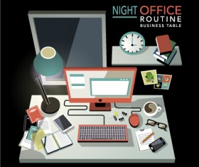 Night office and computer desks design vector
