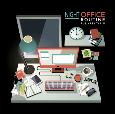 Night office and computer desks design vector