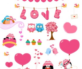 Owls and penguins with hearts vector