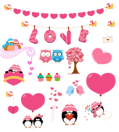 Owls and penguins with hearts vector