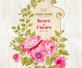 Pink flower cards with wood background vector 01