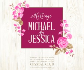 Pink flower cards with wood background vector 04