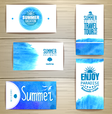 Summer travel watercolor cards vector 02