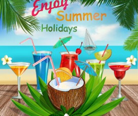 Summer travel with fruit drink vector background 03