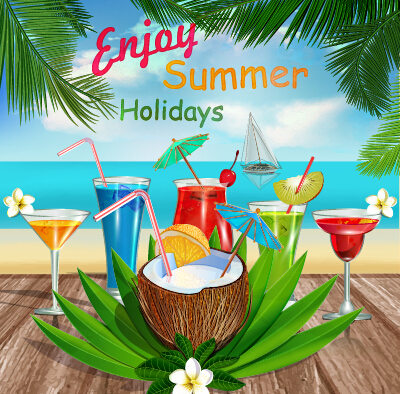Summer travel with fruit drink vector background 03