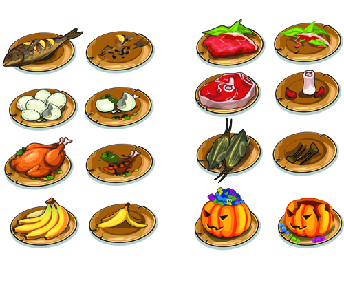 Various food vintage icons vectors set 01