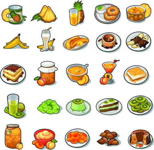 Various food vintage icons vectors set 02