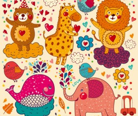 Cartoon animal with love elements vector set 01