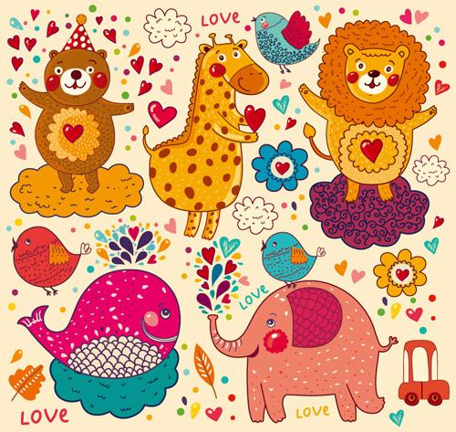 Cartoon animal with love elements vector set 01