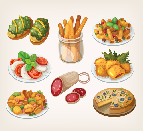 Different gourmet food shiny vector