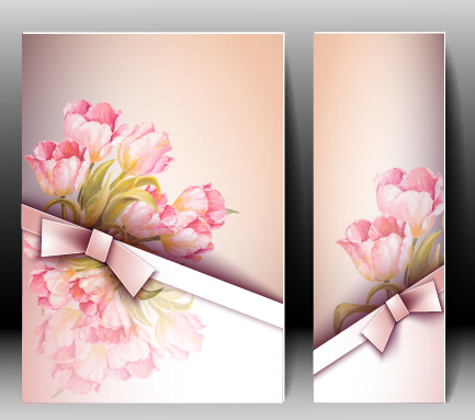 Flowers with bow spring cards vector material 01