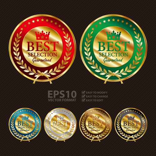 Golden laurel wreath badges vectors set 02