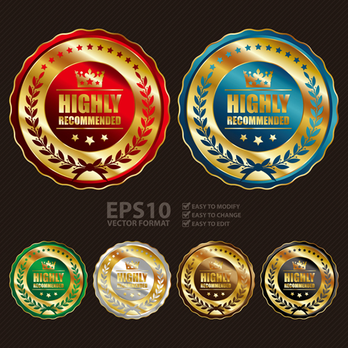 Golden laurel wreath badges vectors set 03