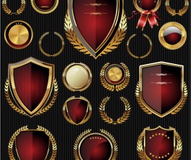 Golden shields with laurels and medals vector 01
