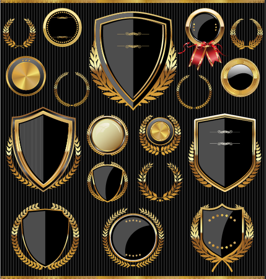 Golden shields with laurels and medals vector 03