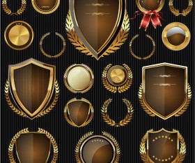 Golden shields with laurels and medals vector 04