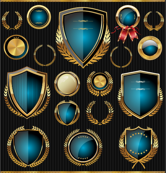 Golden shields with laurels and medals vector 05