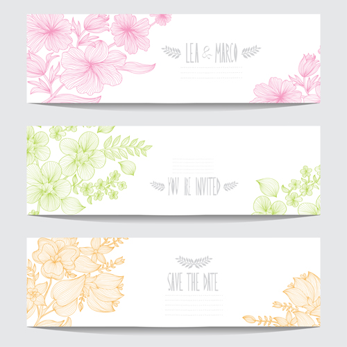 Hand drawn floral banners vectors material 03