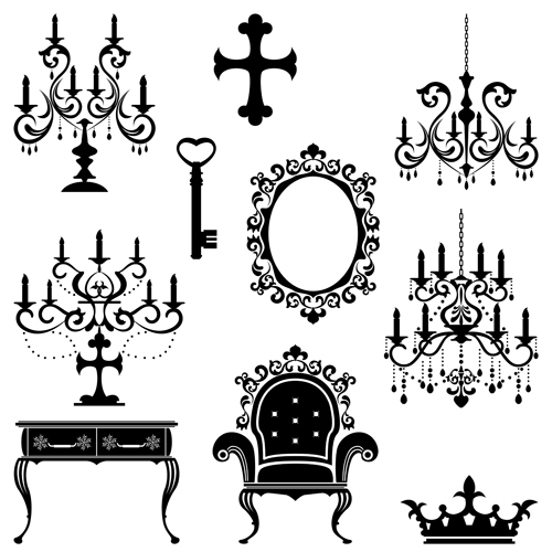 Ornate chandelier vector silhouette set 04