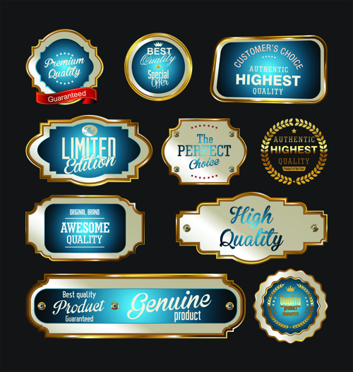Premium quality badge with labels golden vector 01