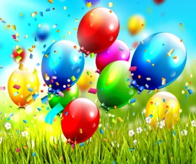 Shiny balloon with colorful confetti birthday backgrounds vector 01