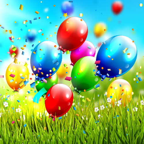 Shiny balloon with colorful confetti birthday backgrounds vector 01