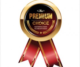 Shiny golden badges with red ribbon vectors 01