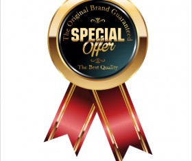 Shiny golden badges with red ribbon vectors 02