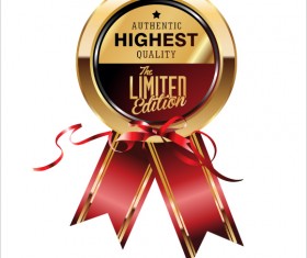 Shiny golden badges with red ribbon vectors 03