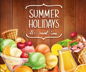 Summer holiday food with wooden background vector 01