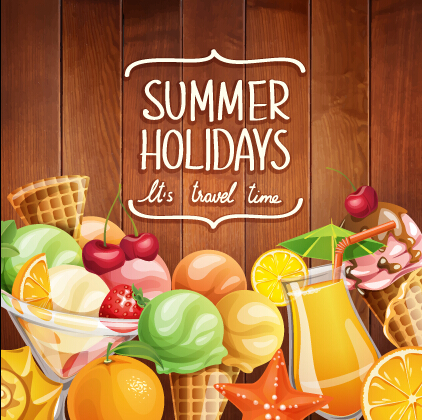 Summer holiday food with wooden background vector 01