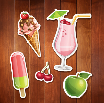 Summer holiday food with wooden background vector 05