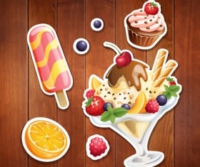 Summer holiday food with wooden background vector 06