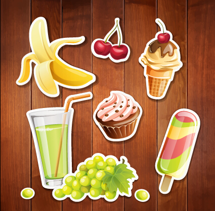 Summer holiday food with wooden background vector 08