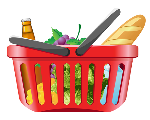 Supermarkets shopping basket with food vector 01