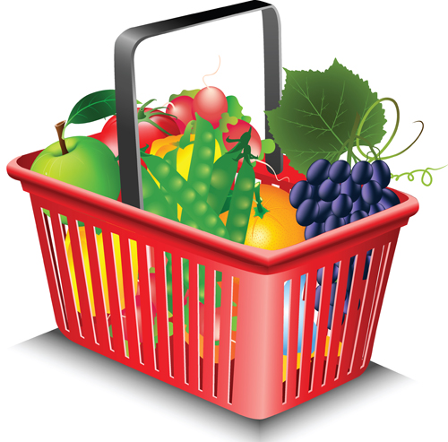 Supermarkets shopping basket with food vector 02
