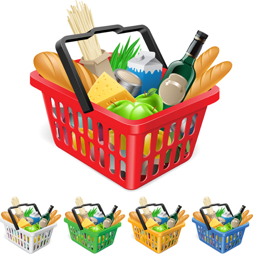 Supermarkets shopping basket with food vector 03