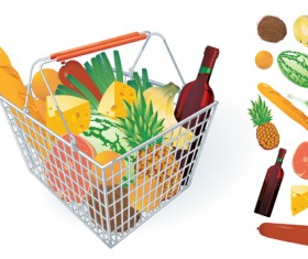 Supermarkets shopping basket with food vector 04