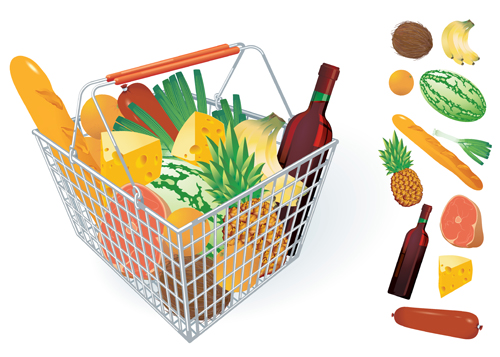 Supermarkets shopping basket with food vector 04