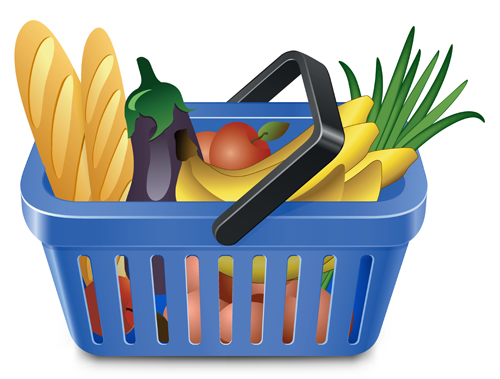 Supermarkets shopping basket with food vector 05