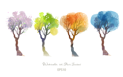 Watercolor four seasons trees vector material