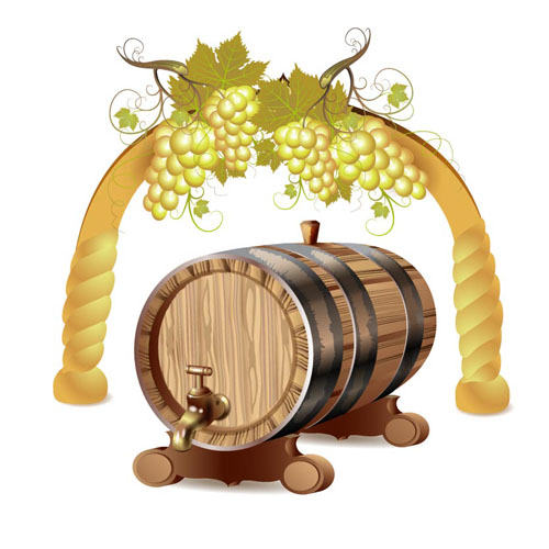 Wine barrels and grapes vector material 01