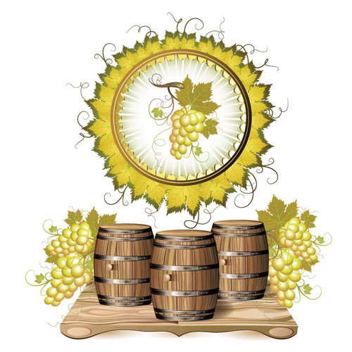 Wine barrels and grapes vector material 02