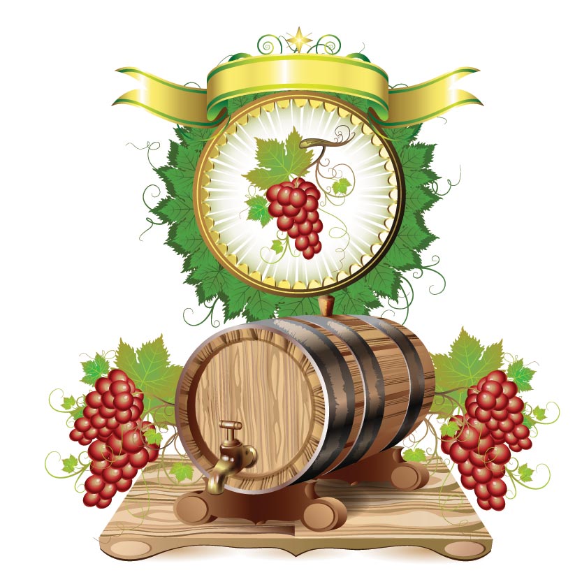 Wine barrels and grapes vector material 03