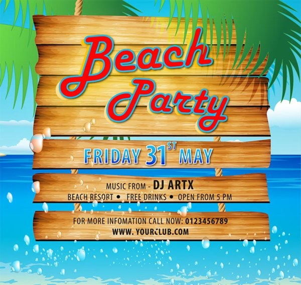 Wooden beach party poster vector material