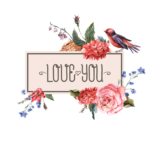 Beautiful flower with birds vintage cards vector 01