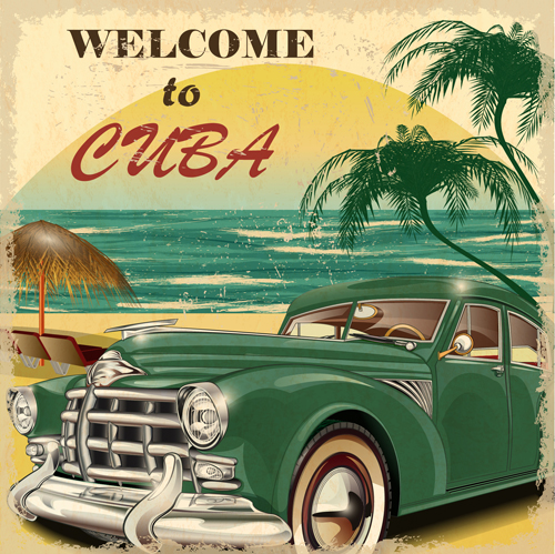 Classic cars and travel vintage poster vector 01