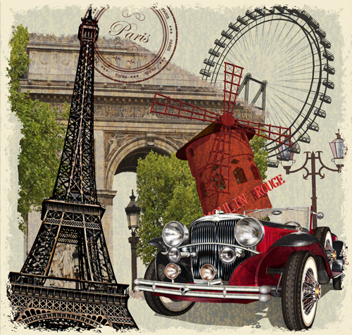 Classic cars and travel vintage poster vector 03