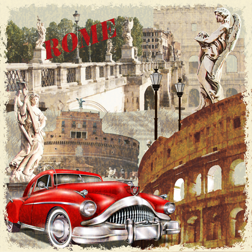 Classic cars and travel vintage poster vector 05
