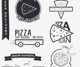 Creative pizza delivery labels with logos vintage vector 01
